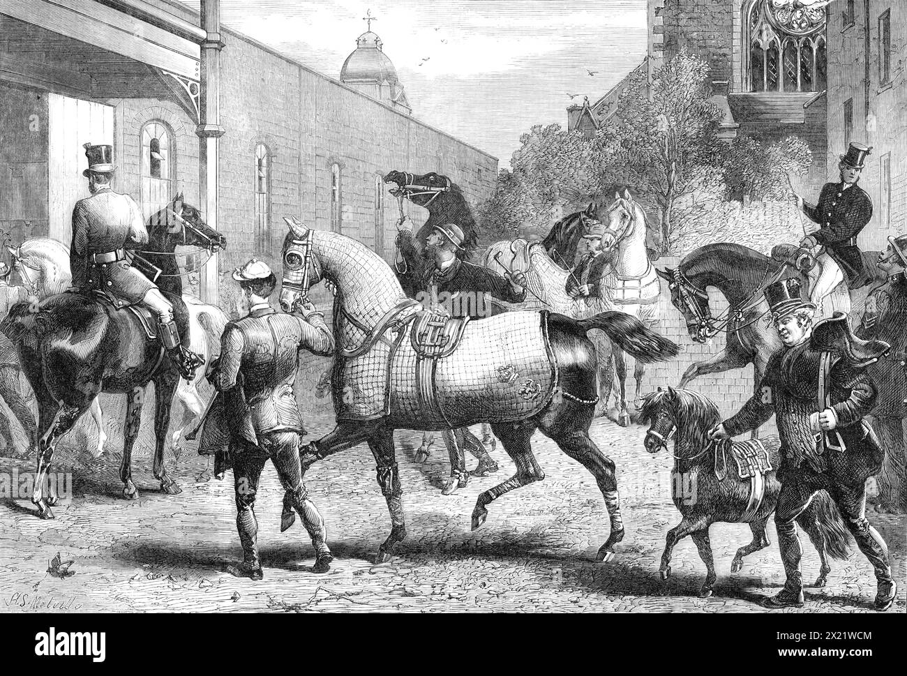 Arrivals for the Horse Show at the Agricultural Hall, Islington, [London], 1865. 'A magnificent pair of bay &quot;Wimbushes&quot; took the carriage-horse prize, beating Mr. Cotterill's chestnuts, which had too heavy a break behind them over that deep tan. There were some remarkably clever ponies which gave the judges a world of trouble to weed, and a 13&#xbd; hand pony, Mr. Bonner's Wee Willie, which carried out its description as &quot;boy's hunter&quot; by the style in which it jumped the hurdles, most deservedly received one of the special prizes in the extra class. Mr. George Holmes won wi Stock Photo