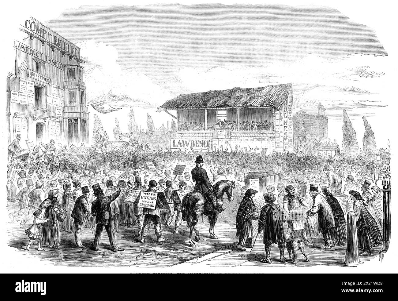 The Elections in the Metropolitan Boroughs: Lambeth election: the nomination at Kennington Park, [London], 1865. View in front of the main entrance to Kennington Park. 'In Lambeth the returning officer, Mr. H. Onslow, presided at the nomination. Mr. Frederick Doulton was proposed by Dr. Evans and seconded by Mr. James Richardson; Alderman James Clark Lawrence was proposed by Mr. R. Taylor and seconded by Mr. Lyon; Mr. Thomas Hughes was proposed by Mr. G. T. Wilson and seconded by Mr. Stuart Barker; Mr. James Haig was proposed by Mr. F. Fowler and seconded by Mr. Reynell. Mr. Doulton, Alderman Stock Photo