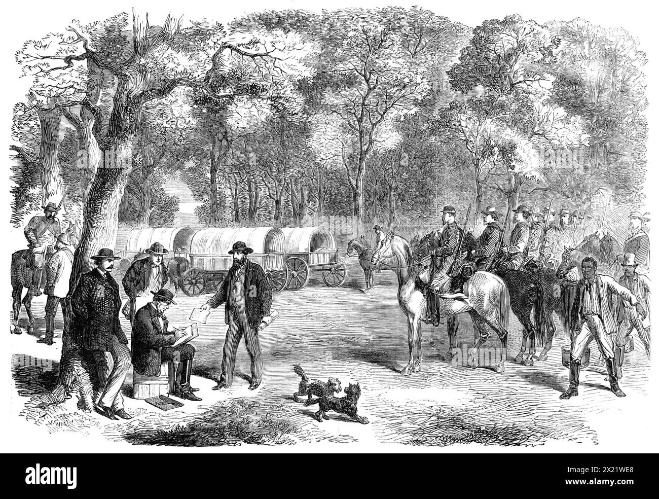 The Last Days of the Confederate Government - Mr. Jefferson Davis signing acts of government by the roadside, 1865. '...from a sketch by our special artist...[showing] Mr. Davis and his Cabinet halting by the roadside; the ex-President engaged in signing papers which Mr. Benjamin, his Secretary of State, is handing to him. This was probably the last official business transacted by the Confederate Cabinet, and may well be termed &quot;Government by the roadside.&quot; Our readers must bear in mind that at any moment the alarm might be given of the enemy's advance, and, to say the least, such a Stock Photo