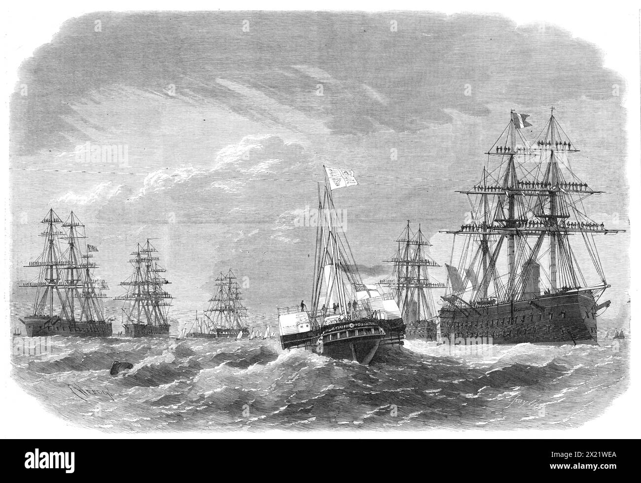 The visit of the Prince and Princess of Wales to Plymouth: the Royal Yacht Osborne passing through the French and English squadrons of ironclads in Plymouth Sound, 1865. Naval review with sailors manning the yards. 'The French ironclads Magenta and La Flandre (steam-rams), with the French gun-boat Ariel, under the command of Commodore Le Bris, had come to Plymouth for a friendly meeting with three of the English ships of war - the Sovereign, Achilles, and Prince Consort - which were appointed to represent our Navy on this occasion; besides which there were also present in the Sound two other s Stock Photo