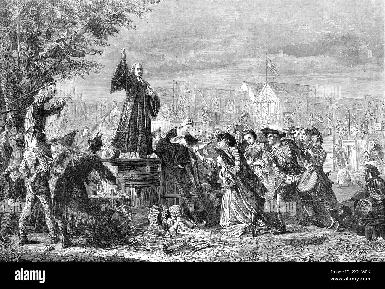 &quot;Whitefield Preaching in Moorfields&quot; A.D. 1742, by E. Crowe, in the exhibition of the Royal Academy, 1865. Engraving of a painting. 'To the title...the artist appends the following quotation from Philip's &quot;Life and Times of Whitefield&quot;:  The merry-andrew - attended by others, who complained that they had taken many pounds less that day on account of my preaching - got up upon a man's shoulders; and, advancing, attempted to slash me with a long, heavy whip several times, but always, with the violence of his motion, tumbled down...Others, having got a large pole for their sta Stock Photo