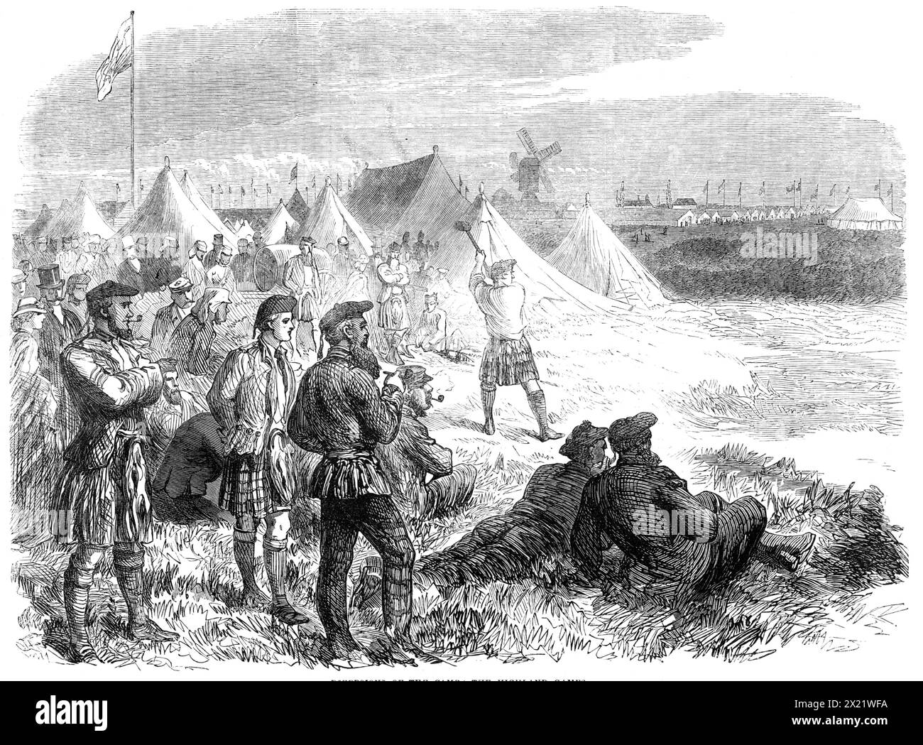 The National Rifle Association prize meeting at Wimbledon: diversions of the camp - the Highland Games, 1865. View of '...the Highland games of the London Scottish corps...which afforded so much diversion to many of the volunteers and of the ladies and gentlemen who visited their camp'. From &quot;Illustrated London News&quot;, 1865. Stock Photo