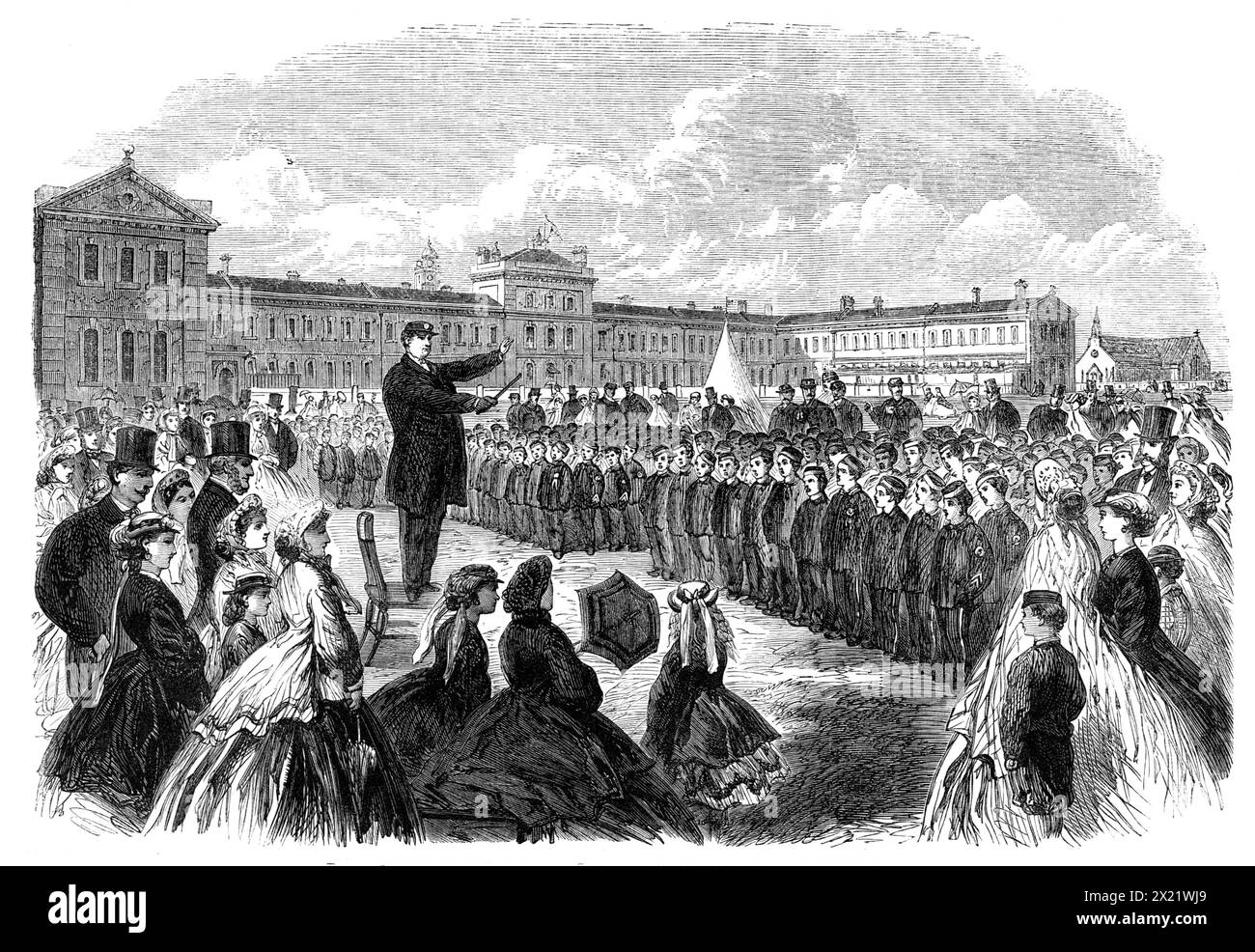 Annual Inspection of the Middlesex Industrial School at Feltham, 1865. 'The annual inspection of the school established at Feltham, near Hounslow,...&quot;to make provision for the care, reformation, and education of juvenile offenders,&quot; took place on Wednesday week. Any boy of age between seven and fourteen who is convicted of any criminal offence may be committed to this school for a period of not less than one year and not more than three. The school is built and supported entirely at the cost of the county rate...The number of inmates averages about 560 boys, under the charge of thirt Stock Photo