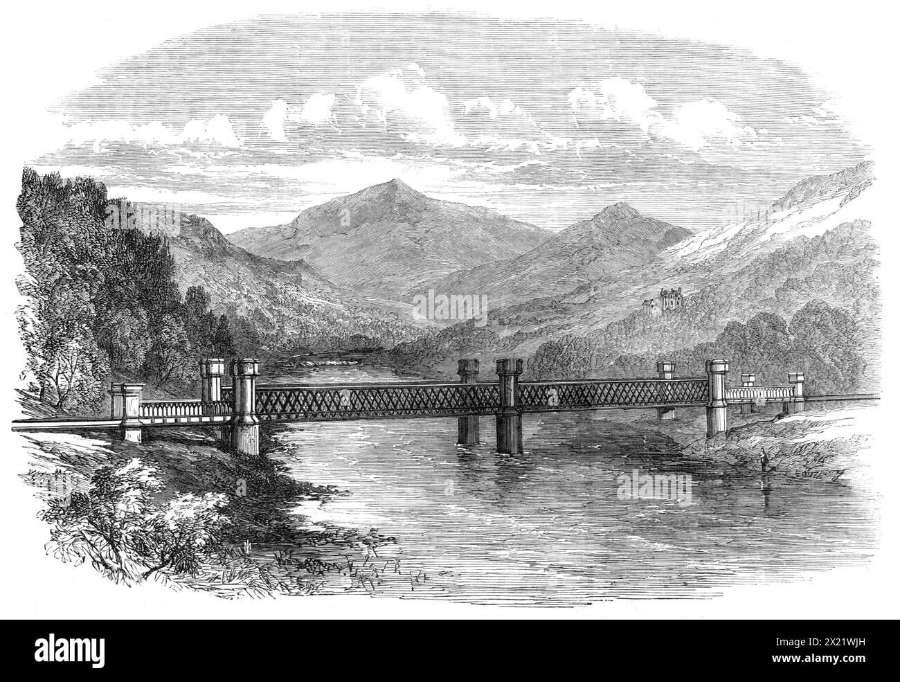 The Aberfeldy Branch of the Highland Railway: the Tummel Viaduct at Logierait, [Scottish Highlands], 1865. 'A short branch of the Inverness and Perth Junction Railway has lately been constructed to Aberfeldy, in the upper valley of the Tay...Though its length is less than nine miles, its construction has been a task of some difficulty, and does much credit to the engineers, Messrs. Joseph Mitchell and M. Paterson, and to Messrs. Macdonald and Grieve, the contractors; the earthworks extending to about half a million cubic yards of cutting, and an equal amount of embankment; while the bridges, i Stock Photo