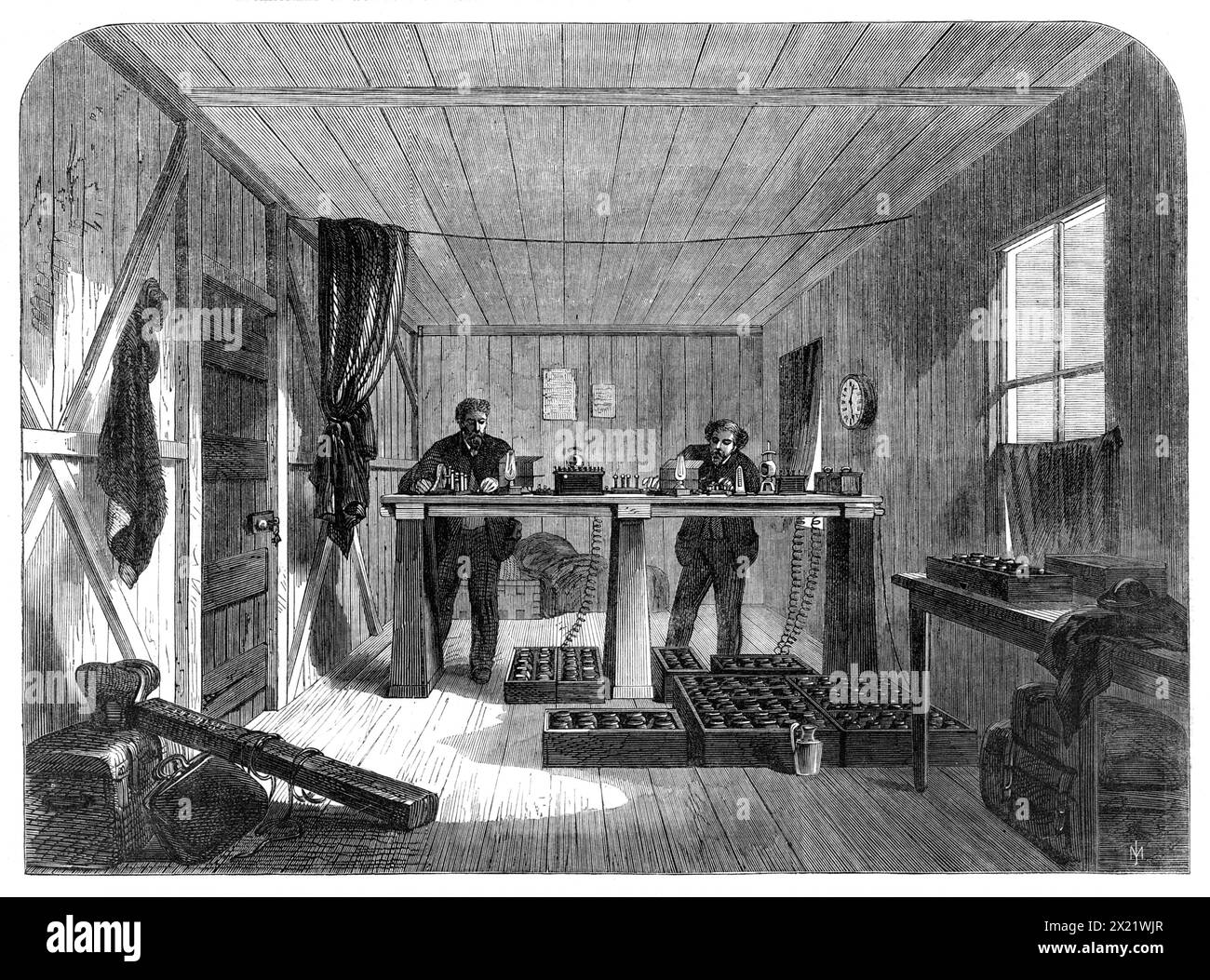 Laying of the Atlantic Telegraph Cable: receiving messages from the Great Eastern in the instrument-room of the Telegraph House at Foilhommerum, Valencia, 1865. Engraving from a sketch by Robert Dudley showing '...the reception of the telegrams, and the interior of the instrument-room at the station, which will, in fact, remain in a similar state until the whole ocean cable is successfully laid, when the line will be handed over by the Construction and Maintenance Company to the Atlantic Telegraph Company, and the instruments (Professor Thomson's) now used, and which are correctly shown in our Stock Photo