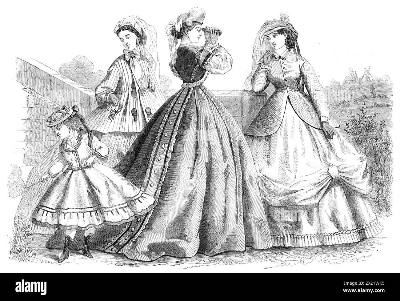 Paris fashions for September, 1865. 'Fig. 1. Dress for the Seaside. Dark blue silk robe...edged with black velvet and white lace. The short vest is ornamented in a similar manner. Fine Tuscan hat, bordered with narrow black velvet, trimmed with white feathers...with a white gauze veil. Fig. 2. Walking Dress. Costume of drab foulard with dark grey stripes; the ornaments on the paletot are in green passementerie. Small pink crape bonnet and strings; the copious gauzed veil now &#xe0; la mode almost entirely concealing the chapeau. Fig. 3. Dress for a Carriage Promenade...this costume, including Stock Photo