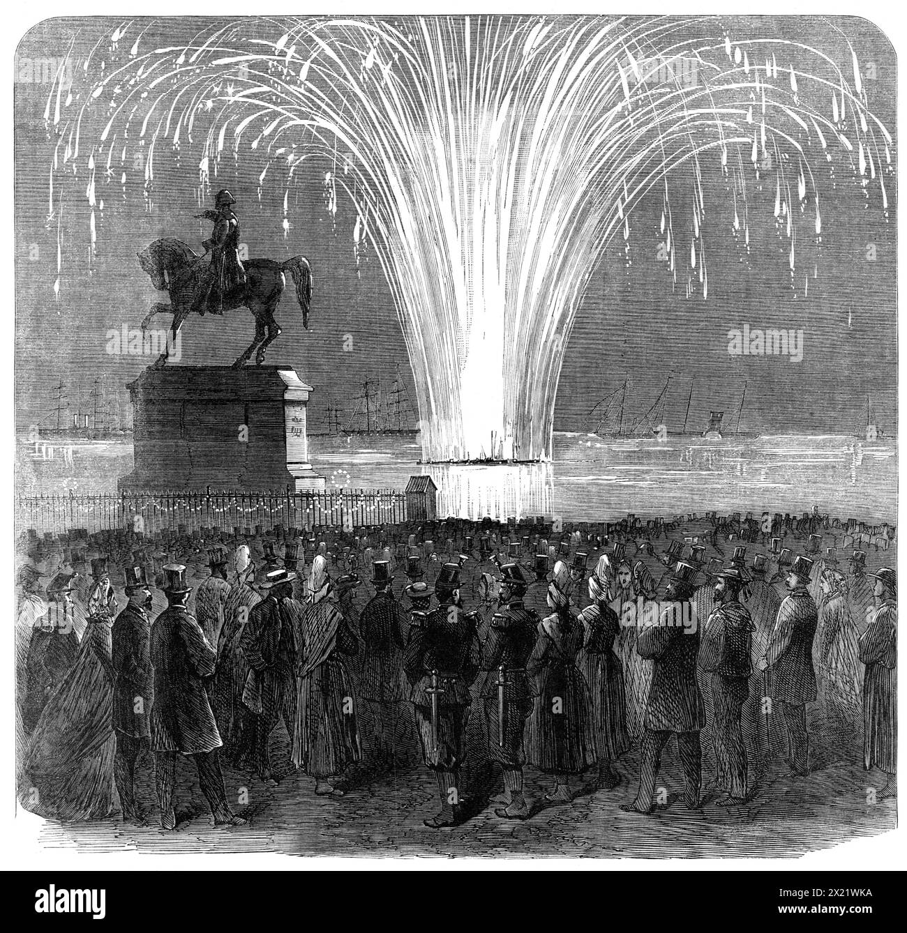 Display of fireworks, Inner Harbour, Cherbourg, in honour of the British Channel Squadron, 1865. 'In the evening there was a brilliant display of fireworks from the French vessels in the inner harbour...our Illustration gives a view of this scene, as beheld from the Place Napoleon, near the equestrian Statue of the first Emperor'. From &quot;Illustrated London News&quot;, 1865. Stock Photo