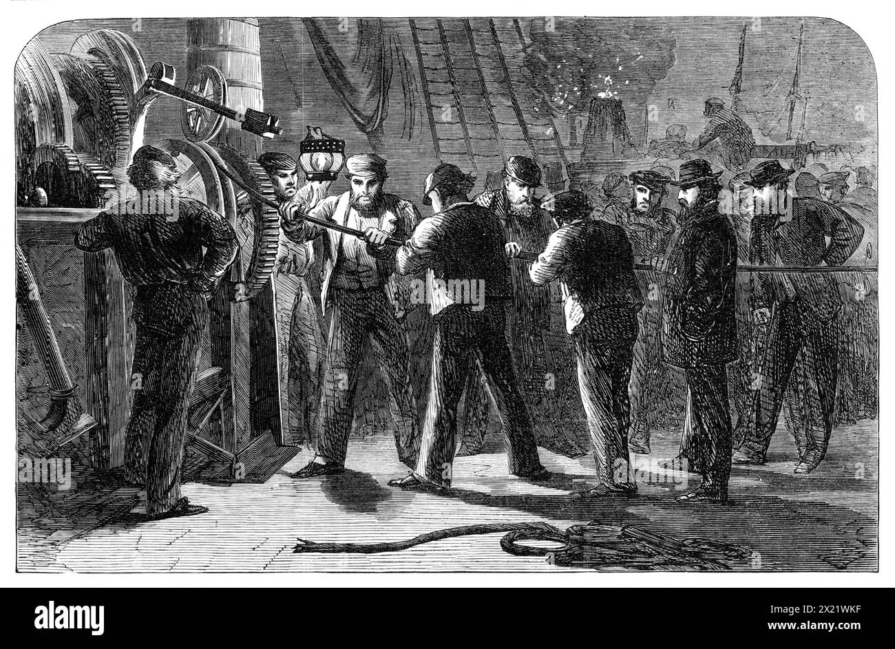 Examining the Atlantic Telegraph Cable, after raising it, on board the Great Eastern, 1865. Engraving from a sketch by Robert Dudley '...of the anxious group of men...handling and inspecting the cable...a fault in the electric insulation of the cable...[had been] detected, and a length of ten miles which had been submerged in the wake of the ship was picked up again to examine where the fault lay; it was then found that a tiny piece of loose iron wire had forced its way through the outer covering and the gutta-percha surrounding the electric wire, so as to come in contact with the latter; and, Stock Photo