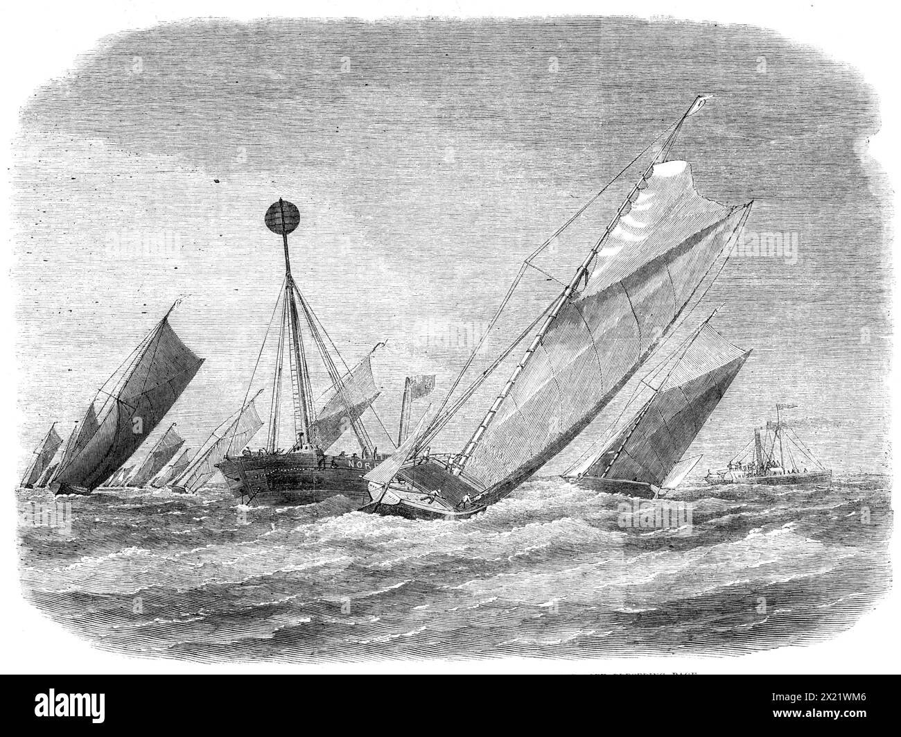 Sailing-barge on the Thames: rounding the Nore Light-ship, 1865. 'The third annual sailing-barge match took place under the management of...the Thames and Medway General Craft-owner's Association...the course being from Erith to the Nore Lightship and back. Three prizes, the highest being a cup of the value of &#xa3;18, with ten guineas divided among the crew, were offered for the topsail barges; and three prizes, of rather less value, for the stump-rigged barges...The barges started from Erith a few minutes before eleven...with a spanking breeze from the south, and a little rain; the wind, th Stock Photo