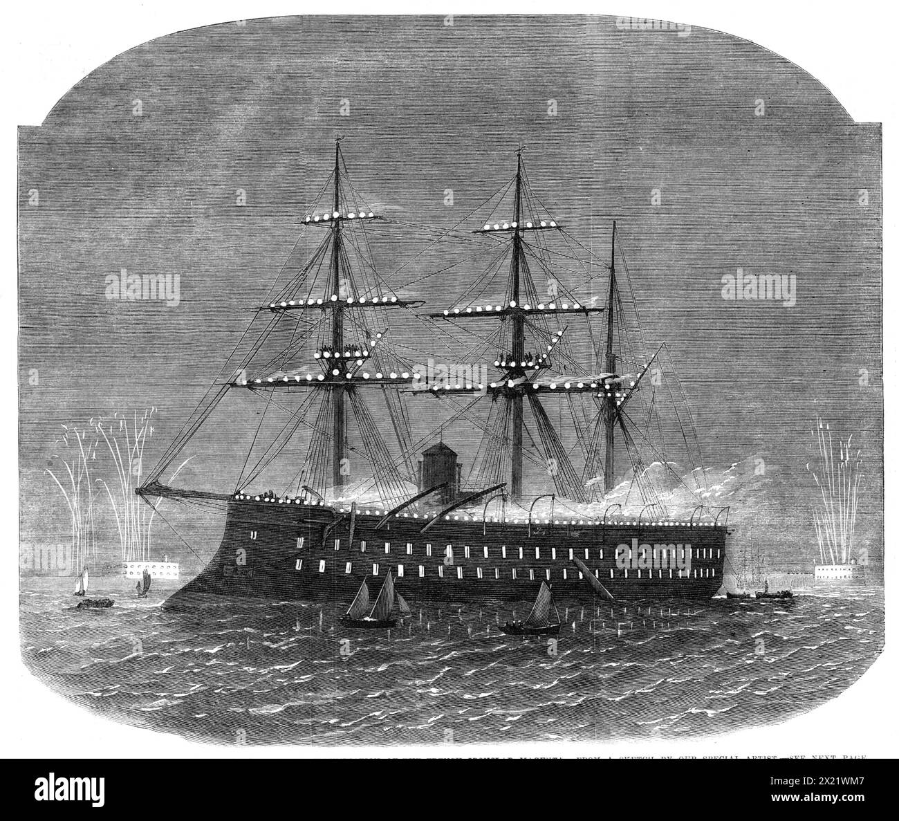 The International Naval Festival at Cherbourg: illumination of the French ironclad Magenta - from a sketch by our special artist, 1865. 'The illumination of the fleets...was a spectacle of singular beauty. It began about nine o'clock, at which time a very considerable crowd had assembled...The Magenta commenced the display by exhibiting two powerful electric lights, by the aid of which, though at the distance of about two miles, it was possible to read a newspaper. Occasionally the cone of light proceeding from each of these luminous points was made to sweep across the wide expanse of water, a Stock Photo