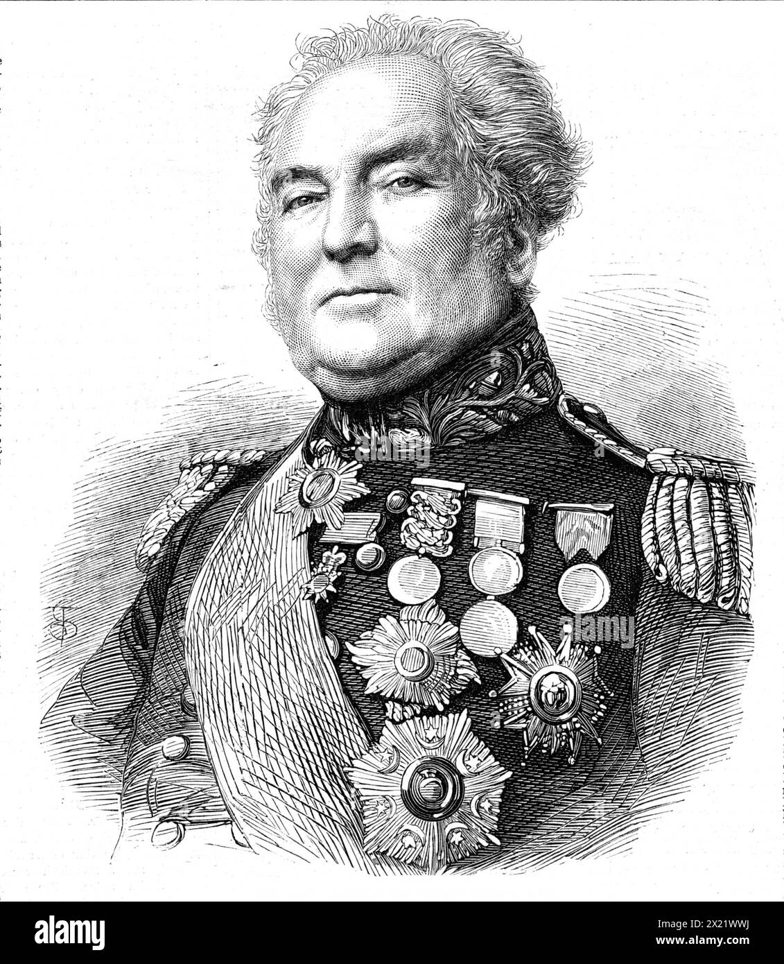 The late General Sir George Brown, G.C.B., 1865. Engraving from a photograph by Mr. L. Werner. 'During nearly the last sixty years, almost to the time of his death, the late General served in the Army, seeing much active service and holding many important commands, the last being that of the forces in Ireland, to which he was appointed five years ago. The present generation will best remember Sir George Brown as the commander of the Light Division during the Crimean War, and the brilliant perseverance with which he swept over the obstacles prepared by the Russians on the slopes beyond the Alma Stock Photo