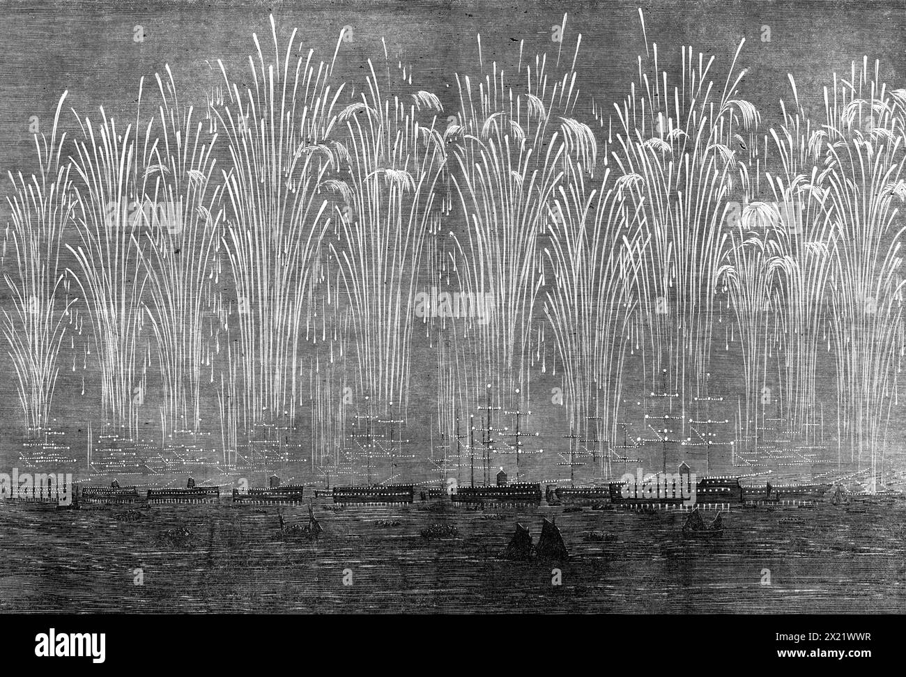 The International Naval Festival at Portsmouth: flight of rockets and illumination of the Allied Fleets at Spithead, 1865. 'As if by magic...every ship in the two squadrons was so illuminated, by means of red, white, and blue lights placed in every port, at both broadsides, and both yardarms, that the object which only a few moments before looked...so grim and shadowy became at once transformed into a ship of light, revealing to view the outline of her slenderest spar. Rockets were then sent up in clusters from the whole of the fleet, which, as they burst in the heavens, expanded into bouquets Stock Photo