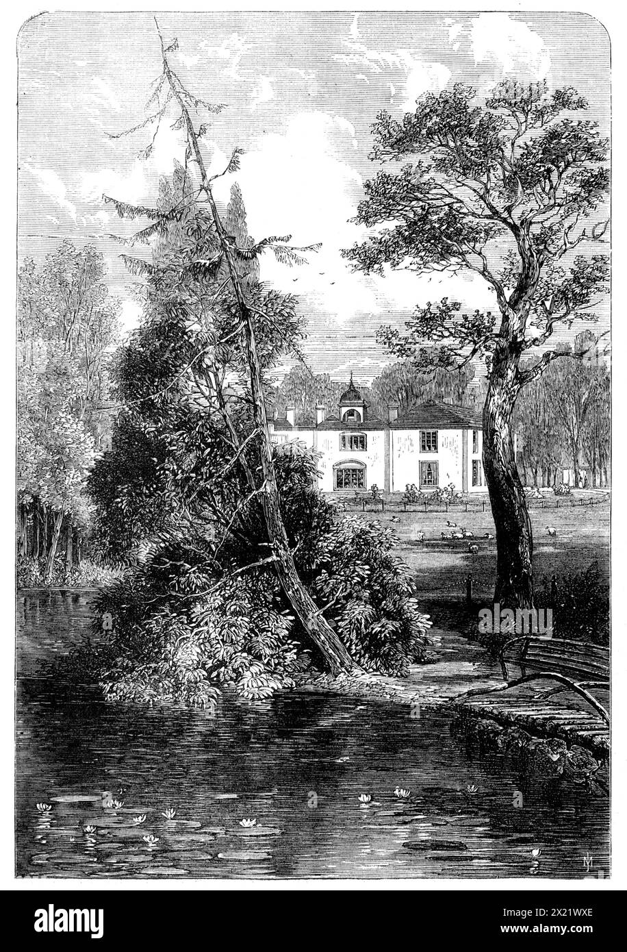 Heathfield House, near Birmingham, the residence of James Watt, 1865. View of '...the last residence of James Watt, Heathfield House, where he died, in 1819...the tower of his burial-place, Handsworth Church, is within sight of the house where he passed the closing years of his studious and useful life. Though in the vicinity of Birmingham, Heathfield House has all the character of a country gentleman's mansion. The estate is small; but the plantations, lawns, and walks, laid out by James Watt himself, are designed with great skill and taste. The present owner, Mr. J. W. Gibson Watt, takes car Stock Photo