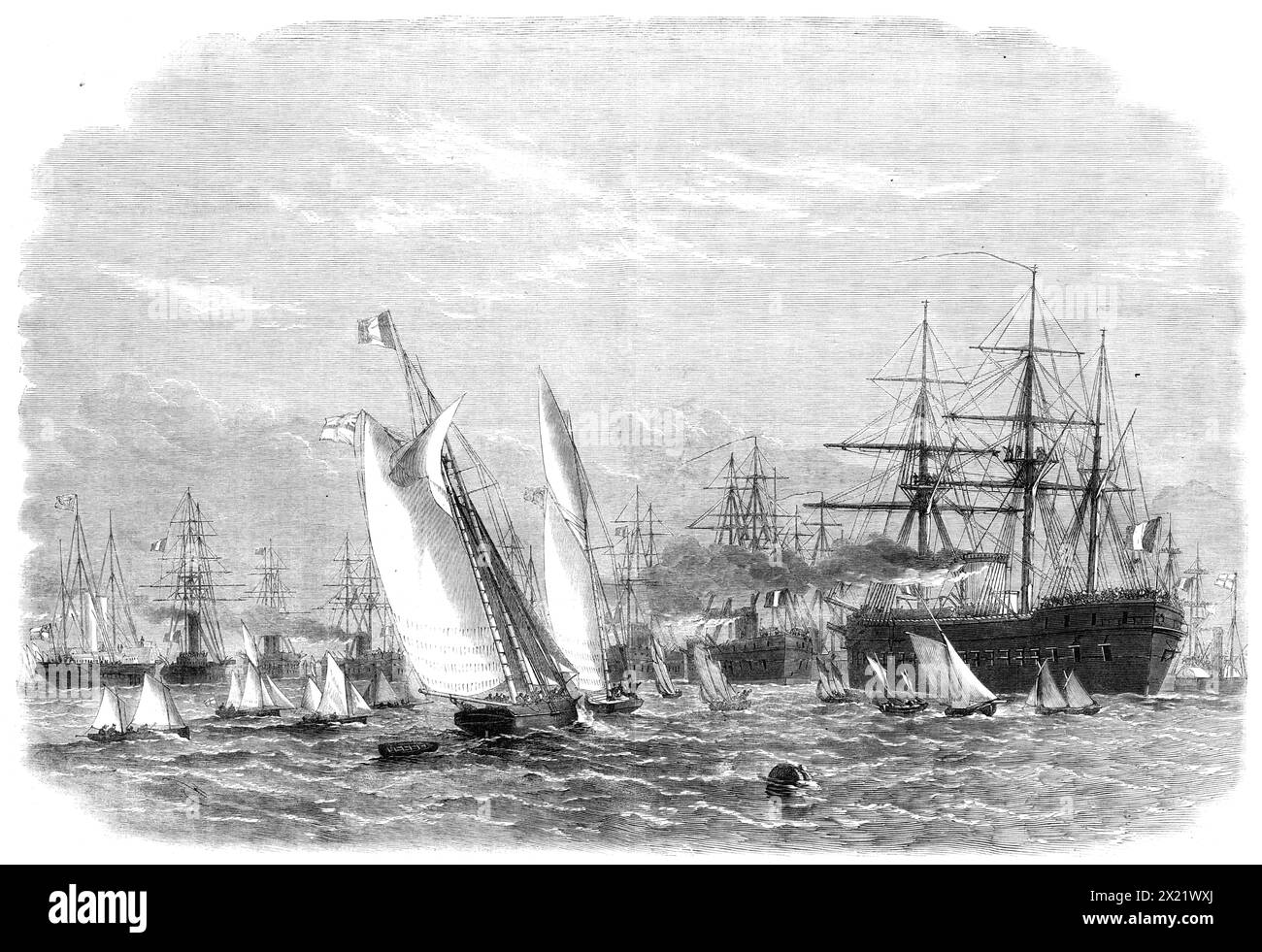 The International Naval Festival at Portsmouth: the French fleet leaving Spithead, 1865. 'The ships composing the French squadron...[included] the Solferino and Magenta, two-deckers, ironclads, of 7000 tons burden, carrying fifty-two guns...the Normandie, La Gloire, La Couronne, Invincible, Provence, Heroine, and Flandre, frigates; the Caton, Ariel, and Faon, smaller vessels; the Reine Hortense, Imperial yacht. The squadron took its departure very quietly about nine o'clock in the morning'. From &quot;Illustrated London News&quot;, 1865. Stock Photo