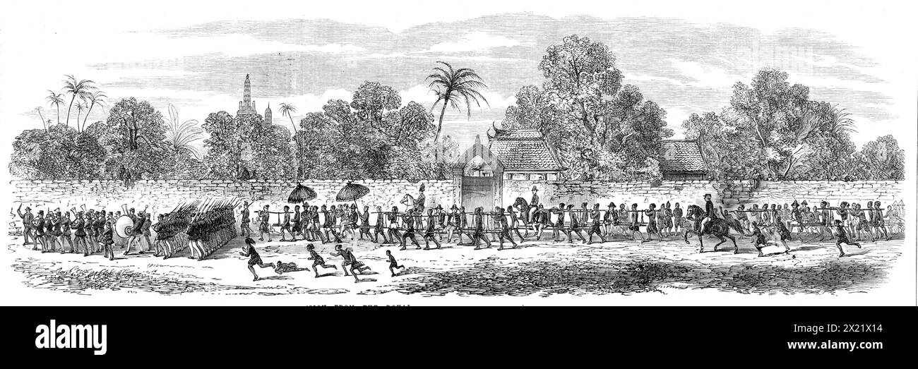 Admiral King's visit to the King of Siam at Bangkok: procession from the royal landing place to the Palace, 1865. Engraving of a sketch by Mr. R. Campbell Bates, an officer of the Princess Royal, showing '... the procession on land...Some of the officers (the two under the umbrellas being Admiral King and Mr. T. G. Knox, the English Consul) were provided with chairs carried by four coolies, while others were mounted on horseback. There were twenty-two officers of the Princess Royal, and four of the Consulate, with fifty or sixty sailors and marines...The ruling King of Siam...holds his court i Stock Photo