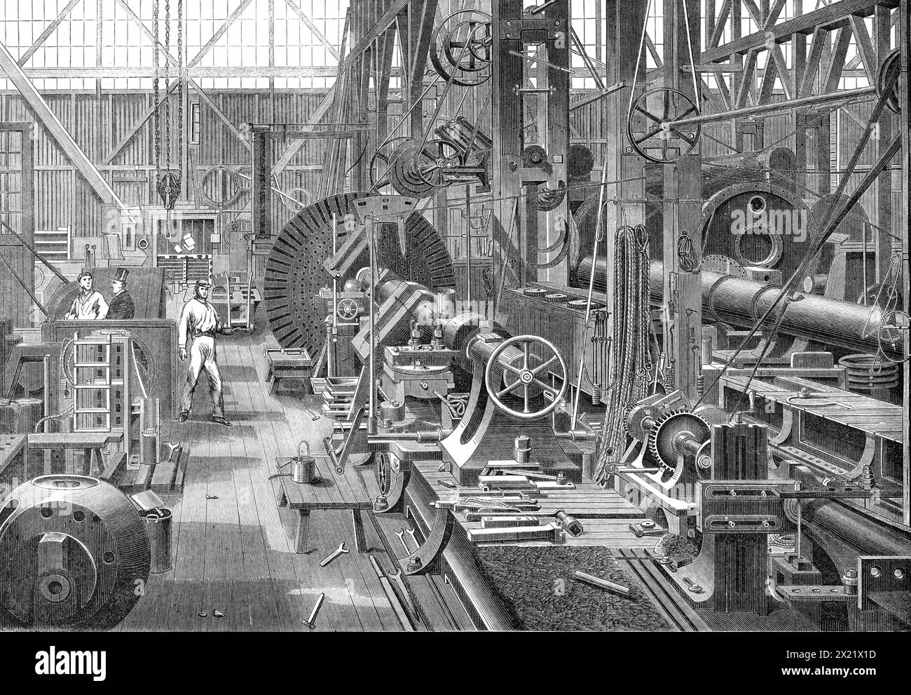 A visit to Penn's Marine Engine Factory, at Greenwich: turning a crank axle, 1865. Illustration representing '...the operation of turning a crank-axle in a mighty lathe...The various fitting and tool-shops at Greenwich are constructed upon the most approved modern plans. Every part of each shop is fully lighted in every direction, and the machinery and tools combine all the most recent improvements. The premises cover seven acres of ground, and in them are employed about 1300 men and boys. Here all the castings are made, some of immense size, from 20 to 30 tons of metal being run into some of Stock Photo