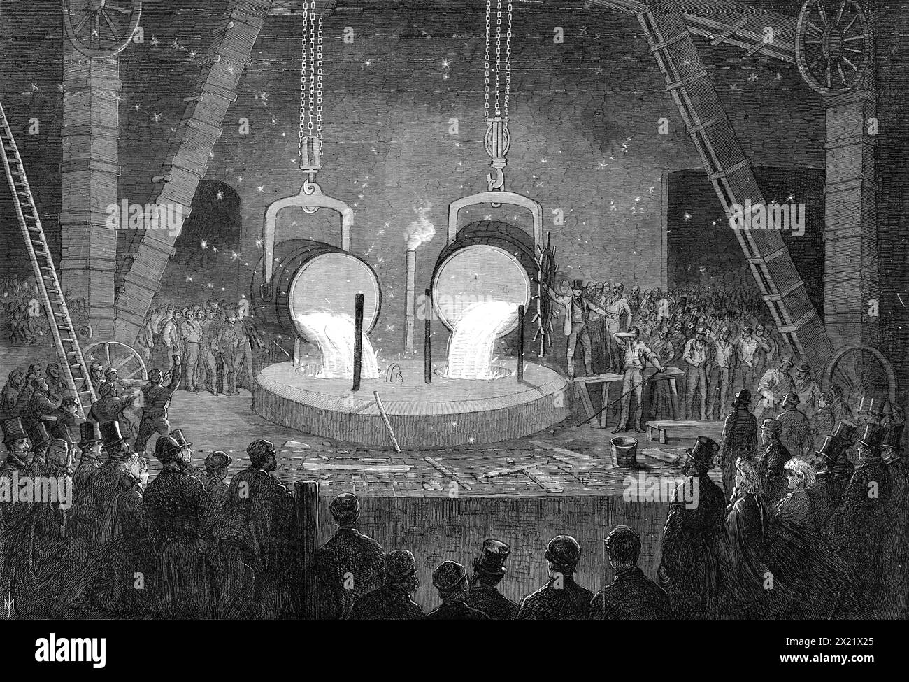 A visit to Penn's Marine Engine Factory, at Greenwich: casting a great cylinder for a marine steam-engine, 1865. Illustration representing '...the molten metal being poured into the mould ...the mass of metal, while of immense magnitude, has to be cast with all the exactness and perfection that can be given to the smallest castings...The iron...is melted in several cupolas... and the molten iron runs through small canals into the foundry, where they empty themselves into two immense cauldrons...The pouring so large a mass of metal equally into the mould is a most important matter, and is execu Stock Photo