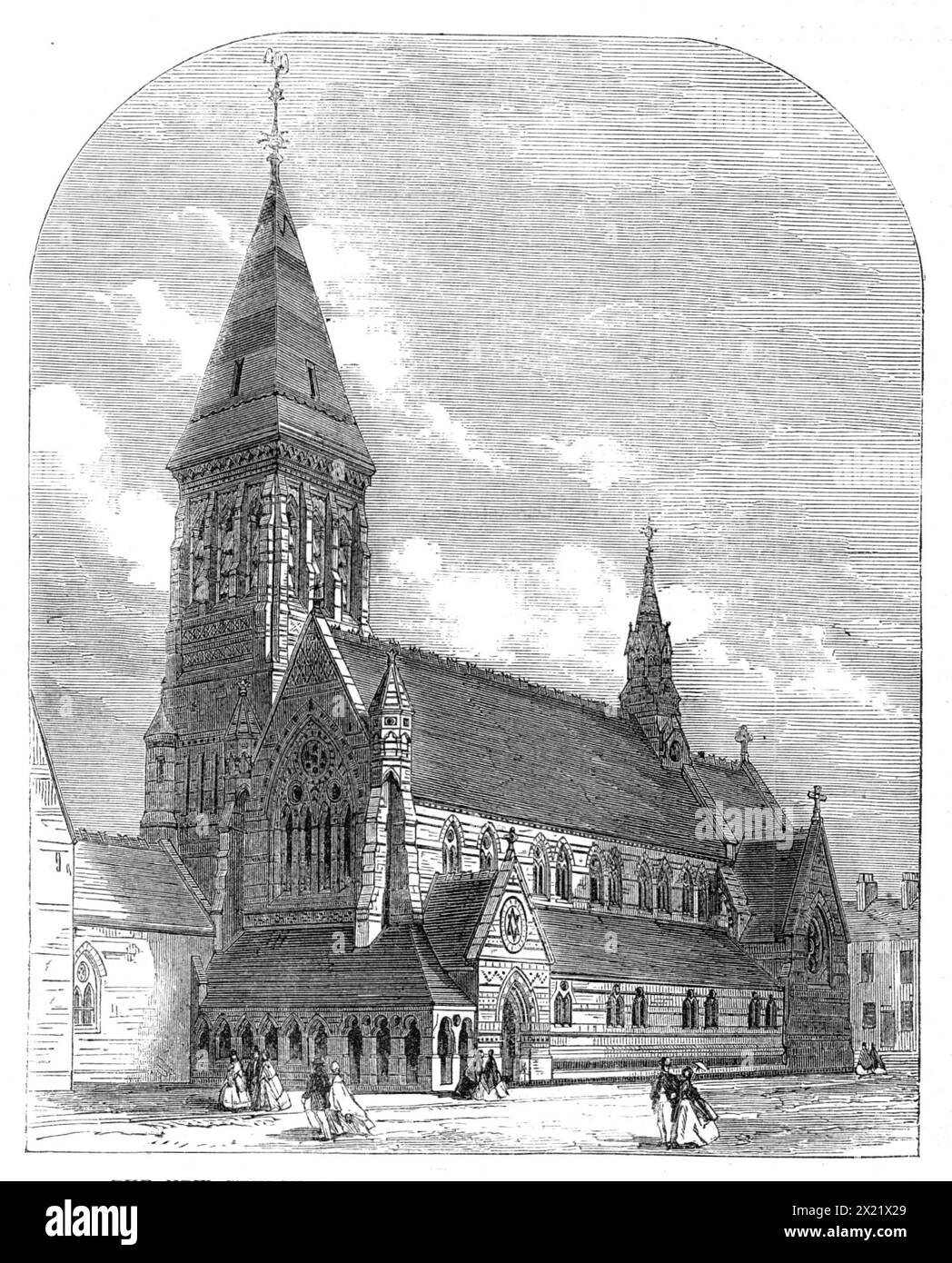 The new Church of St. Michael and All Angels, Shoreditch, [London], 1865. View of the '...finished exterior...Architecturally, it is perhaps one of the finest churches lately built in London, being large enough to accommodate 1000 worshippers without any galleries, though only seated at present for 750...The materials used are brick and stone inside and out...The architect is Mr, James Brooks, of Serle-street, Lincoln's-inn-fields'. From &quot;Illustrated London News&quot;, 1865. Stock Photo