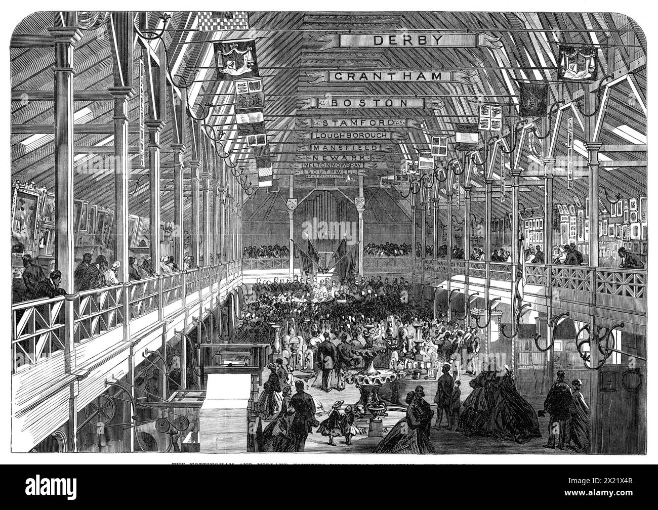 The Nottingham and Midland Counties Industrial Exhibition, 1865. Engraving from a photograph by Messrs. John Burton and Sons. 'The contents of this exhibition are, in a great measure, the product of the ingenuity and taste of the working men of Nottingham, who have, in their leisure hours, employed themselves in constructing models and various specimens of art...it is to be hoped that the experiment will be justified, in a pecuniary sense, by the amount of public support bestowed on the exhibition'. From &quot;Illustrated London News&quot;, 1865. Stock Photo