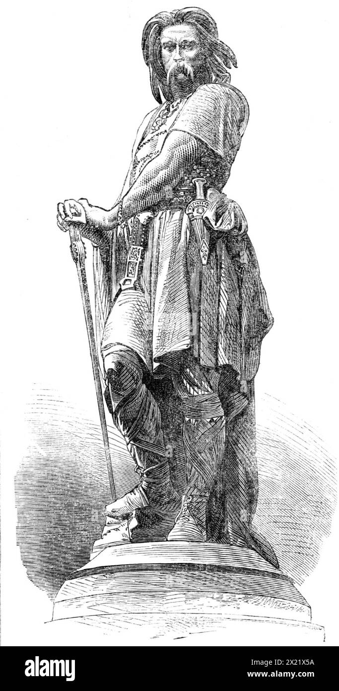 Statue of the Gaulish chieftain Vercingetorix, 1865. 'It is in the last moment of despair that the artist who designed the colossal statue (M. Millet, of Paris) has sought to represent the Gallic chief. The statue has been ably reproduced in metal by M. Aubert...The very successful execution of this statue in cuivre repouss&#xe9; is calculated to bring about important changes in the art of sculpture, especially in its application to public monuments in the open air. The idea of this process, to which the name of chalcoglyphy has been given, originated about ten years since in the mind of M. Cu Stock Photo