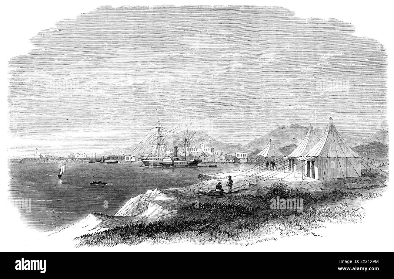 The Isle of Mussowah, in the Red Sea, the head-quarters of the Abyssinian Relief Mission, 1865. Engraving from a sketch by Lieutenant S. S. Jacob, of the Bombay Staff Corps, Assistant Engineer at Aden, of '...the head-quarters, at present, of the Special Mission sent to effect the release of the Abyssinian captives and the place where Consul Cameron used to reside...Mussowah,...belonging now to the dominions of the Pacha of Egypt, is an island, about half a mile long and a quarter of a mile broad, only a few hundred yards from the African coast. Like many other islands in the Red Sea, it is of Stock Photo
