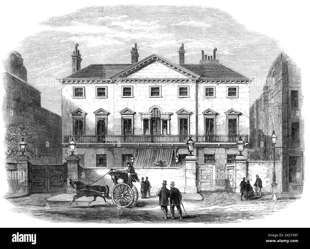 Cambridge House, Piccadilly, the town residence of Lord Palmerston, 1865. 'Cambridge House, or rather, as Lord Palmerston, in dating his letters, preferred to style his town residence, 94, Piccadilly, is well known to everybody who has seen London. It was occupied by the late Duke of Cambridge, who died there in 1850, and Lord Palmerston has lived there ever since. Here were the Saturday evening receptions, at which Lord and Lady Palmerston, with that winning courtesy and hospitality which they made an instrument of political and social power, so frequently entertained a large number of the me Stock Photo