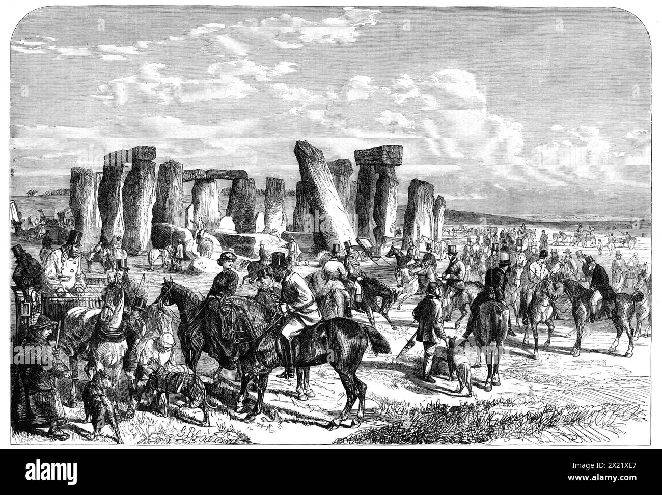 The Wiltshire Champion Coursing Meeting at Stonehenge, 1865. Engraving of a sketch by Mr. G. B. Goddard, representing '...the trysting-place for the coursers on one or two mornings during &quot;the Champion week.&quot; Stonehenge, that pile of ambres or holy stones, is a great mystery. Some aver that they were brought by Merlin's aid from Scythia's shore by the great Pendragon, and others that they were raised by Danish chiefs in honour of the Idol of Victory. Be this as it may, the shepherds and the [hare] coursers share them now...The recent meeting was very well attended, and nine stakes we Stock Photo