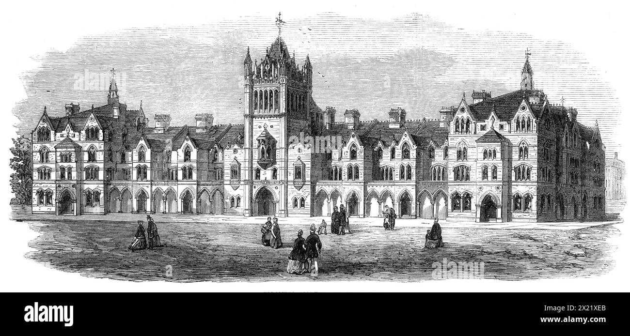 Colombia Market, Bethnal-Green, [London], 1865. 'The new market [financed by Angela Burdett-Coutts]...will be quadrangular...The west side is nearly completed, and its outer facade is shown in the Engraving...The north side will consist of a large market-hall and covered market...The west side...consists of a central tower and two wings, and six intervening dwellings and shops. Each wing contains four flats, or residences...the dust will be conveyed away by shafts, and the supply of water will be good. The interior area, or market-place, will be surrounded by arcades, upon which will be first- Stock Photo