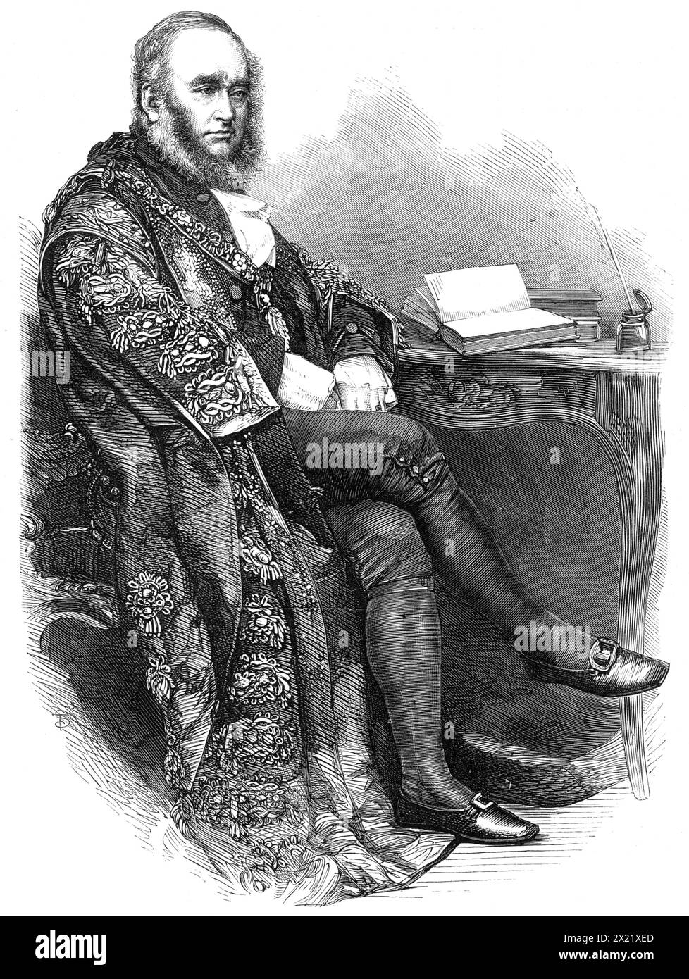The Right Hon. Benjamin Samuel Phillips, the new Lord Mayor of London, 1865. Engraving from a photograph by Messrs. Mayall. 'Mr. Phillips...has been a member of the Common Council nearly twenty years, his first appearance there dating as far back as the year 1847, when he was returned as representative of the ward of Farringdon Within. He was at that time thirty-six years of age, and one of the firm of Faudel, Phillips, and Sons, Newgate-street, importers and manufacturers of embroidery and fancy wools, of which firm he is now the head. In his commercial dealings Mr. Phillips had proved himsel Stock Photo