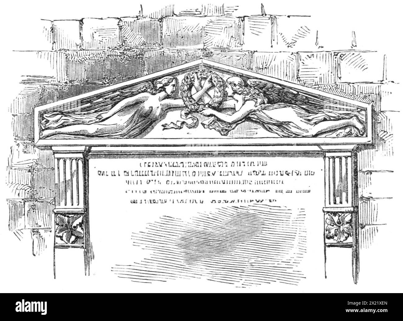 Tablet to the memory of Lord Palmerston's father and mother, in Romsey Abbey Church, 1865. 'The tombs of Lord Palmerston's father and mother, as well as that of Sir William Temple, his brother, and those of other members of his family are in this church. We have engraved a drawing of the mural tablet, by Flaxman, which was erected by the late Minister to the memory of his parents, about the time when he entered public life. The inscription, which was probably composed by himself, runs as follows: &quot;Sacred to the Memory of Henry Viscount Palmerston, Baron Temple, and of Mary Viscountess Pal Stock Photo