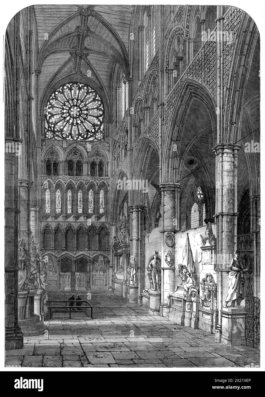 &quot;Statesmen's Corner&quot;, North Transept, Westminster Abbey, [London], 1865. 'The more ancient monuments of the larger size, conspicuous on the opposite side of the north transept are those of two Dukes of Newcastle. These are, first, William Cavendish, the loyalist Duke, who died in 1676, and who lies here with his wife, the Duchess Margaret...The second is John Holles, the Duke who died in 1711. Three of our old Admirals - namely, Sir Charles Wagner, Vernon, of Portobello, and Sir Peter Warren - are likewise accommodated here...The statue of Canning, by Sir Francis Chantrey, is nearly Stock Photo