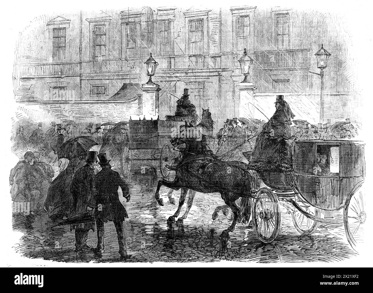 The Funeral of Lord Palmerston: arrival of the hearse at Cambridge House, Piccadilly, 1865. In the evening, '...the body was here received by the nearest surviving kinsman of Lord Palmerston, his sister's son, the Hon. Henry Sulivan, Rector of Yoxall, near Lichfield; and by the Hon. Evelyn Ashley, late his private secretary. It was laid out in the dining-room, with no other ornament than a board with sable plumes laid at the head. Only a very few of Lord Palmerston's most intimate friends, and, two or three days afterwards, Dr. Stanley, the Dean of Westminster, were admitted to see the face of Stock Photo