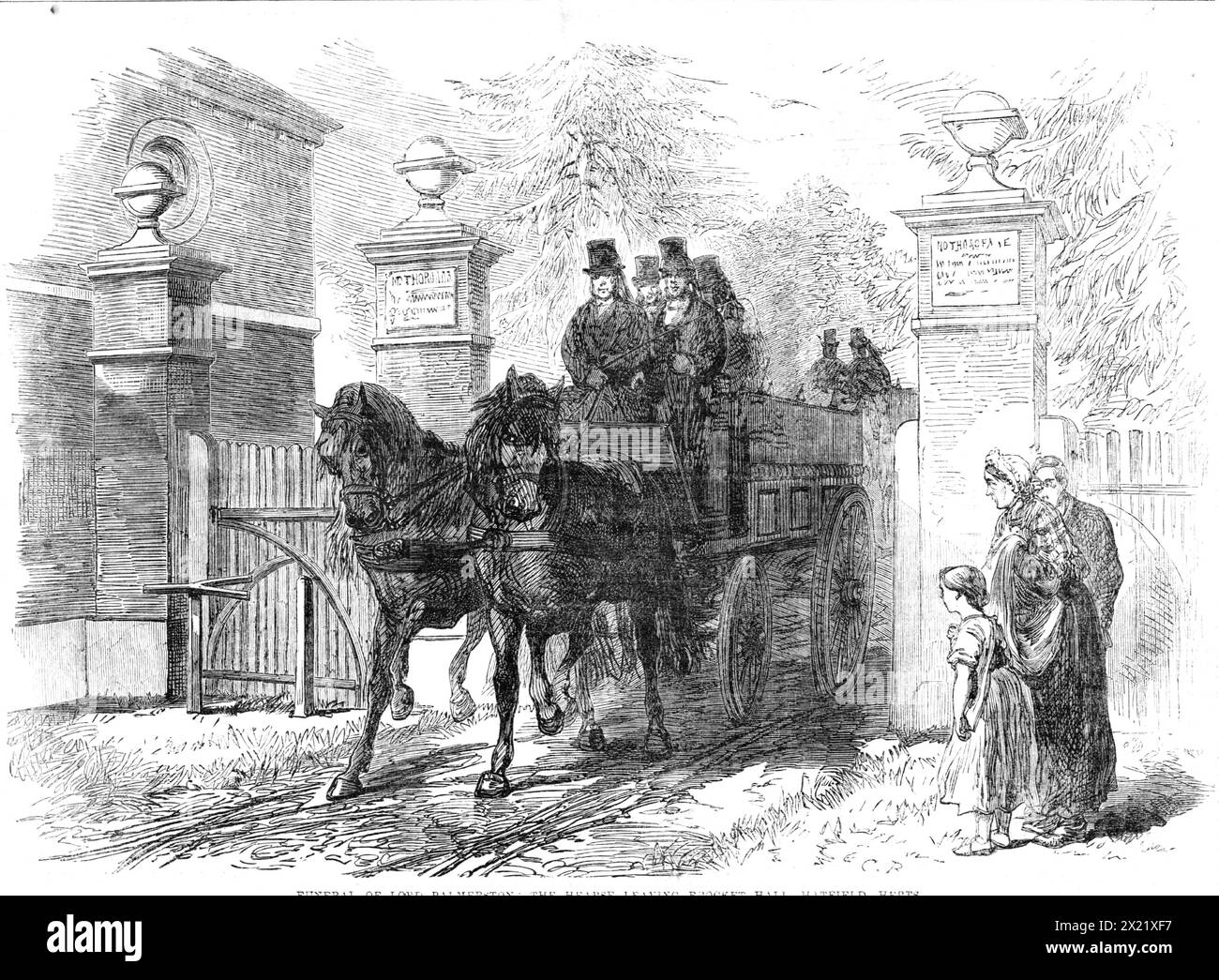 The Funeral of Lord Palmerston: the hearse leaving Brocket Hall, Hatfield, Herts., 1865. 'the setting forth of the hearse from Brocket Hall about ten o'clock in the morning ...the change of his burial-place from Romsey to Westminster Abbey was adopted at the express desire of the Queen. In consequence of this change of plan, the body of Lord Palmerston was removed on the Monday from Brocket Hall, Hertfordshire, to Cambridge House, Piccadilly, travelling slowly by the turnpike road, through Hatfield, Barnet, and Finchley, in a hearse drawn by four horses and followed by a single mourning-coach' Stock Photo