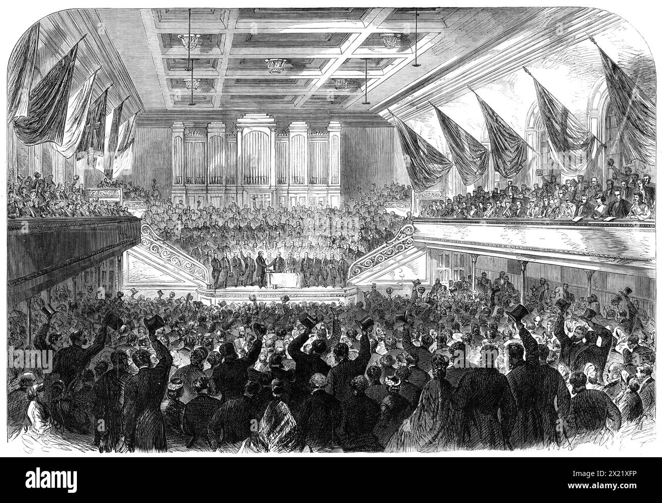 Presentation of the Freedom of the City of Glasgow to the Rt. Hon. W.E. Gladstone, in the City Hall, 1865. 'The hall was, of course, filled with spectators in every part...At two o'clock Mr. Gladstone [Chancellor of the Exchequer and future Prime Minister], accompanied by the Lord Provost, appeared on the platform, and was received with loud and continuous cheering. The Lord Provost, in presenting the freedom of the city to the right hon. gentleman, referred to the distinguished services which Mr. Gladstone had rendered to the country, and the important changes which he had effected in our fin Stock Photo
