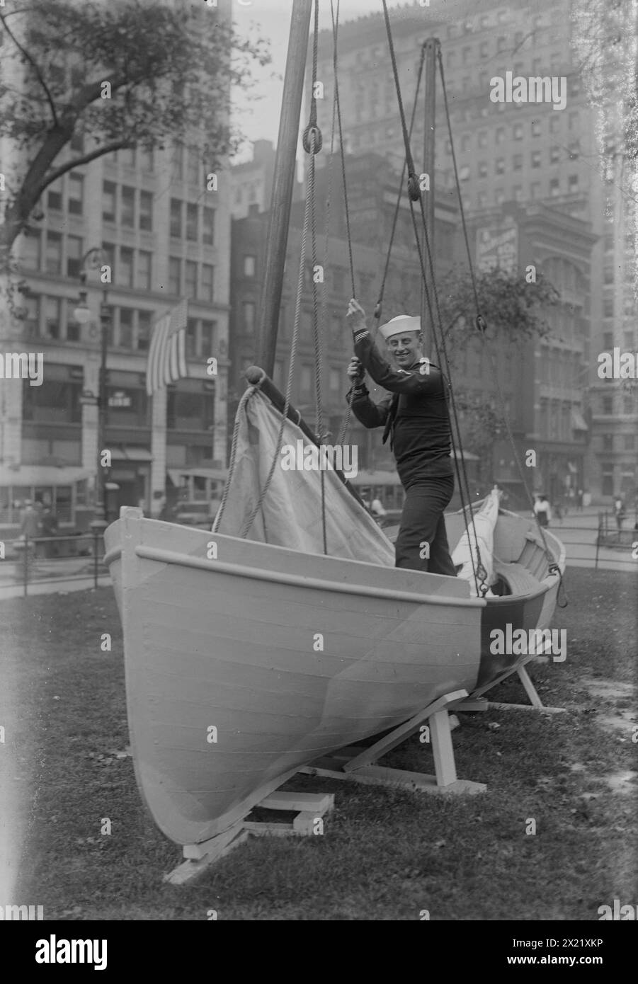 W.J. Reilly, 1917 or 1918. William J. Reilly, a sergeant in the Navy and a vaudeville performer, who recorded patriotic songs as &quot;Sailor Reilly&quot;. Reilly is on the USS Recruit, a wooden mockup of a battleship built in Union Square, New York City by the Navy to recruit seamen and sell Liberty Bonds during World War I. Stock Photo