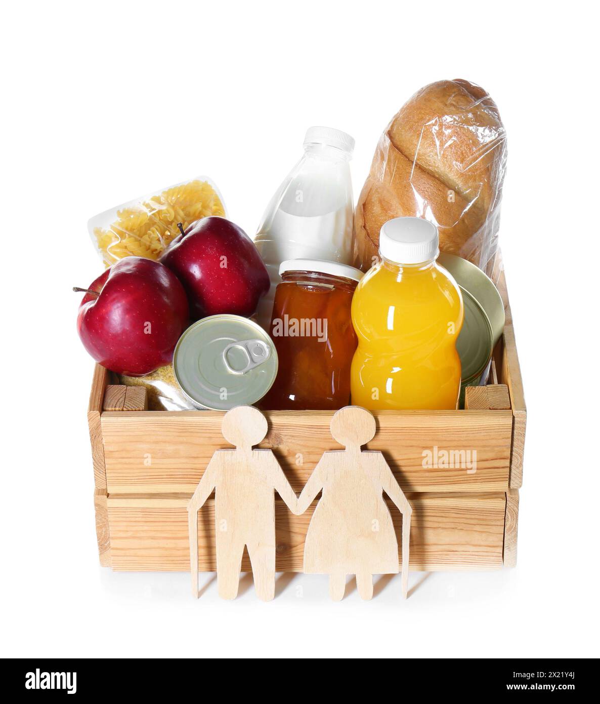 Humanitarian aid for elderly people. Donation box with food products