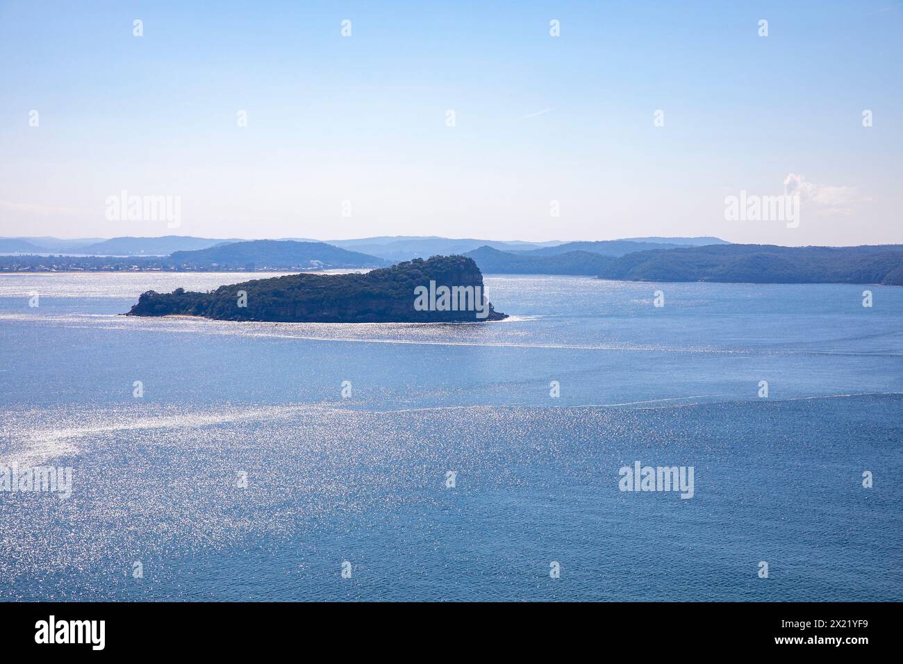 From West Head in Ku-Ring-Gai chase national park, view of Lion Island nature reserve at the mouth of the Hawkesbury River and Central coast of NSW Stock Photo