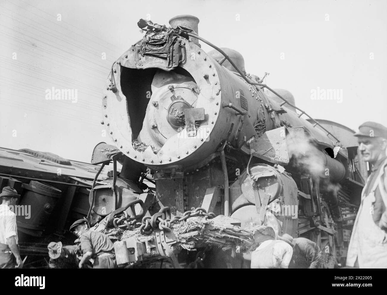Engine which wrecked train on New Haven, 1913. Shows wrecked engine