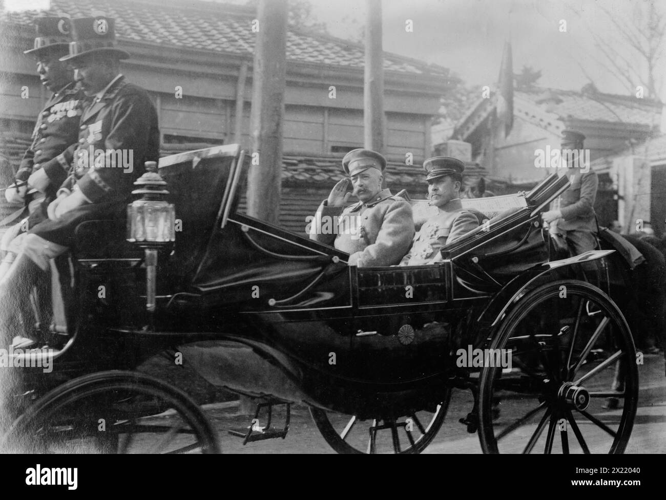 Grand Duke George Michaelowich &amp; Prince Kanin, 1916. Shows Prince Kan'in Kotohito (1865-1945), a member of the Japanese Imperial family riding in a carriage with Grand Duke George Mikhailovich of Russia (1863-1919). Grand Duke Mikhailovich visited Japan in January of 1916 in relation to the Russo-Japanese Agreement of 1916. Stock Photo