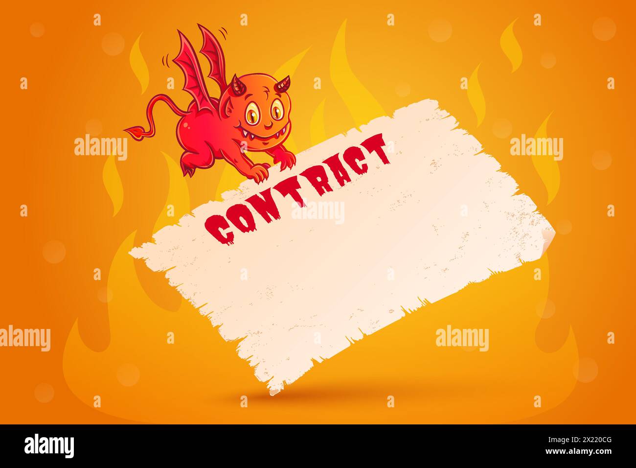 Vector illustration of a cute devil with contract. Devil contract is on old paper. Stock Vector