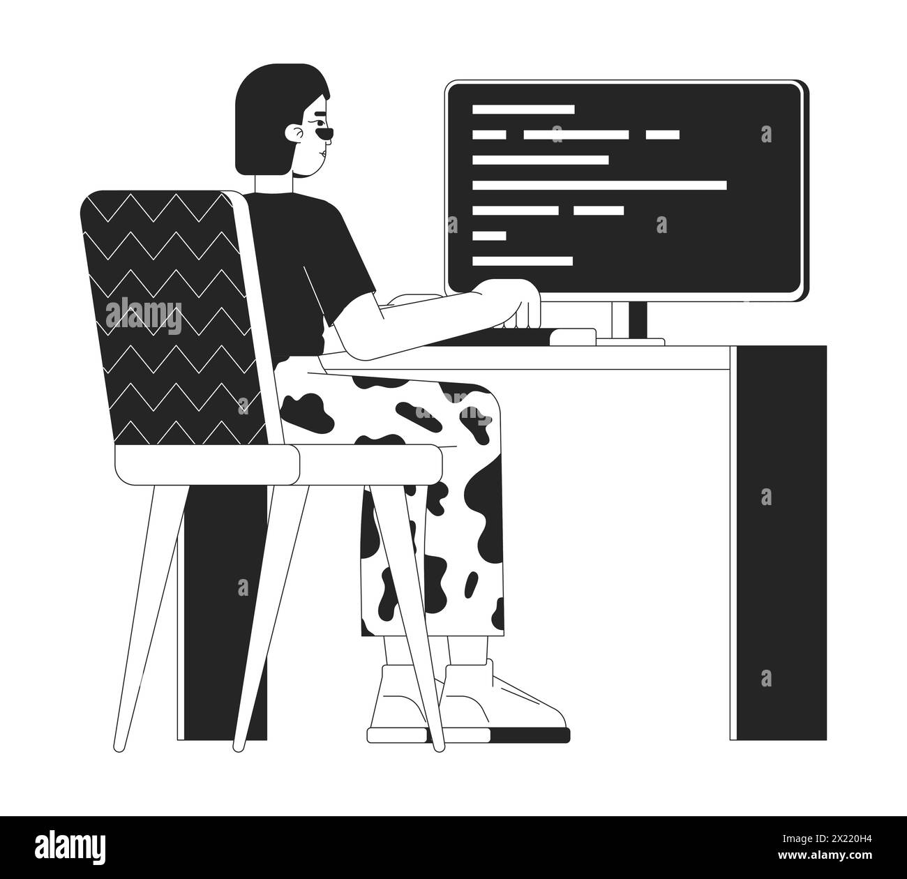 Female web developer at work black and white 2D line cartoon character ...