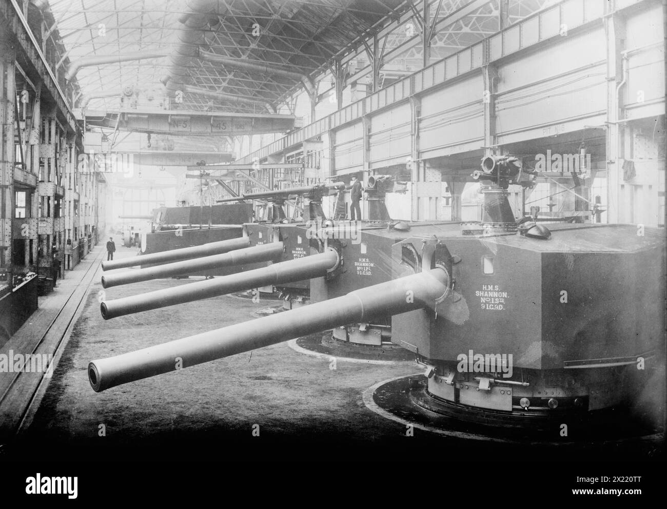 H.M.S. Shannon Vickers Sons &amp; Maxims Gun Works, 1915. The Vickers, Sons and Maxim ordnance and ammunition factory at Barrow-in-Furness, England. Stock Photo