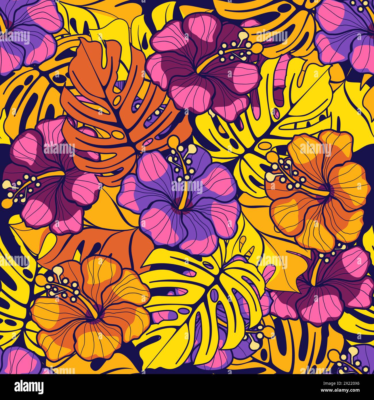Seamless floral pattern with hibiscus flowers and monstera leaves ...