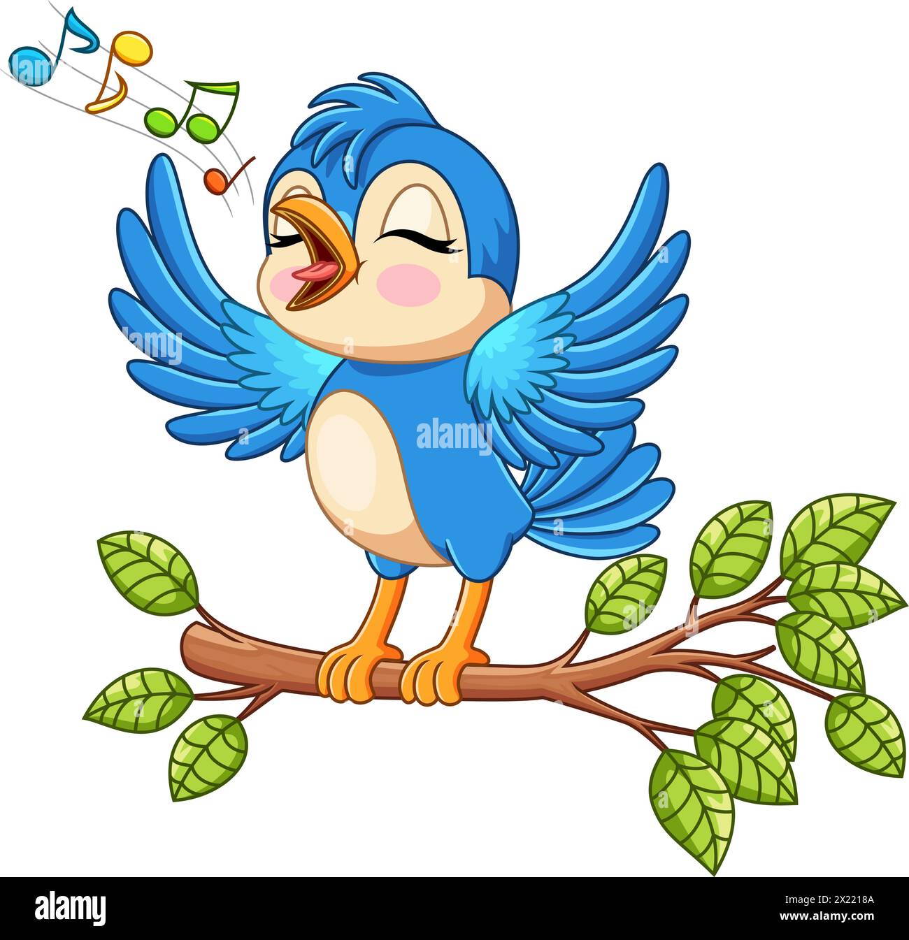 Cute bird singing on a tree branch on white background Stock Vector