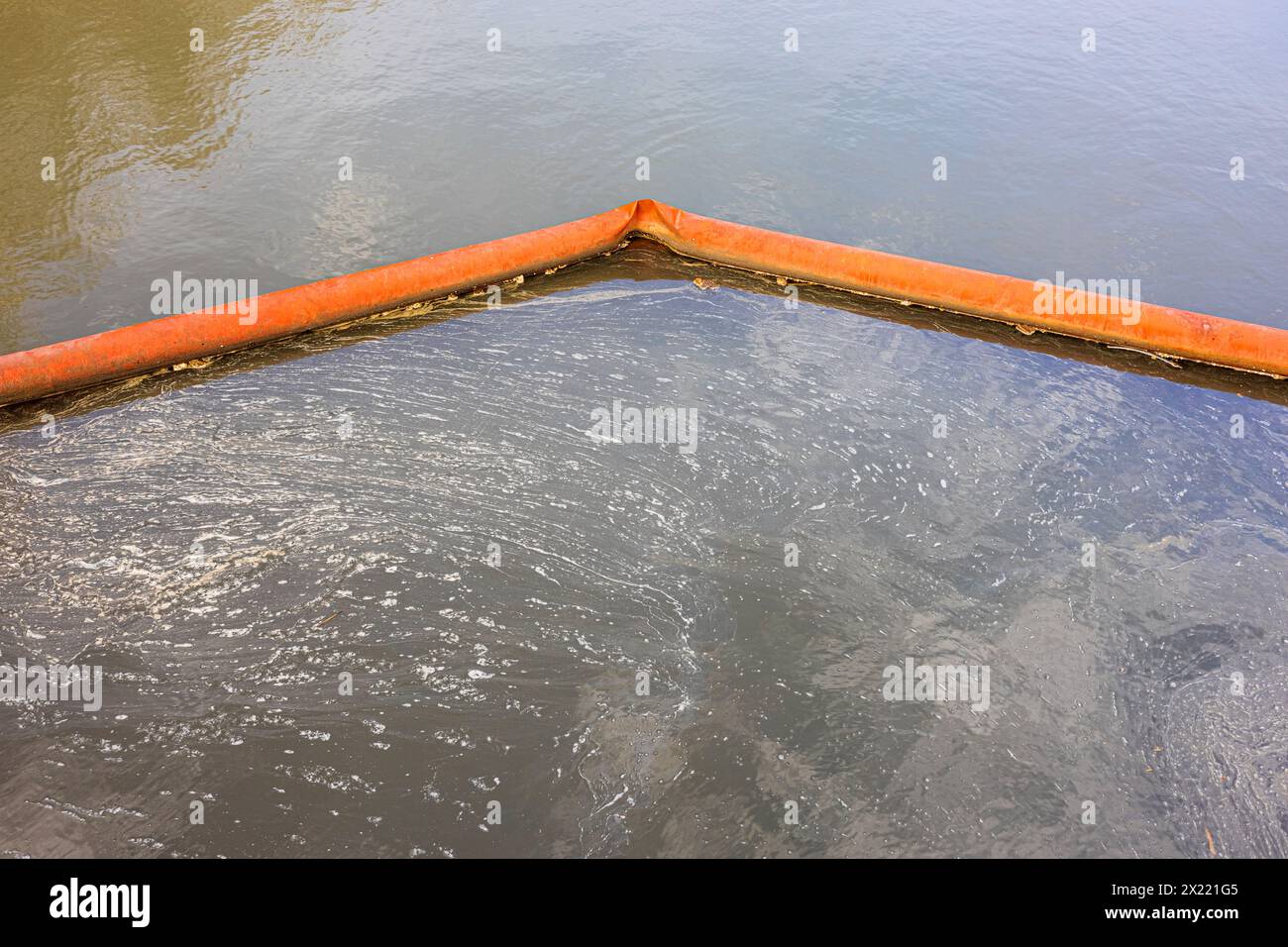 artificial dam on a pond to catch floating debris. clearing a pond of debris. floating garbage in the river. Stock Photo