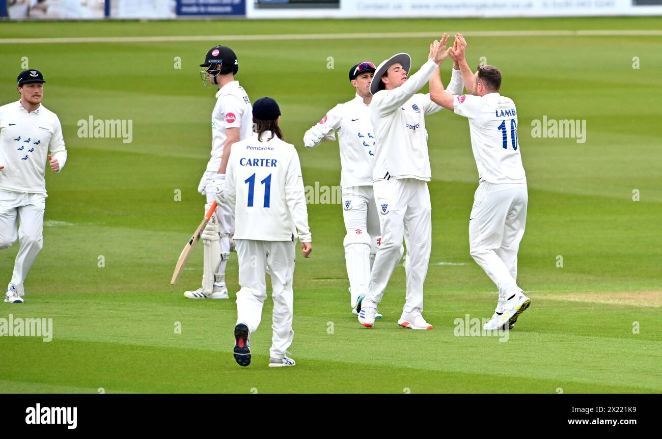 Hove UK 19th April 2024 - Sussex bowler Danny Lamb (right) celebrates with James Coles  after Lamb had taken the wicket of Gloucestershire's Cameron Bancroft LBW for 27 runs  during the Vitality County Championship League Two cricket match at the 1st Central County Ground in Hove : Credit Simon Dack /TPI/ Alamy Live News Stock Photo