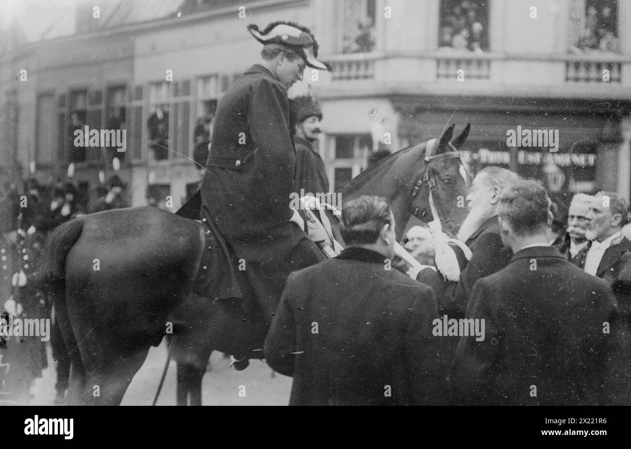 King Albert on horse at King Leopold's funeral, Belgium, 1910. Stock Photo