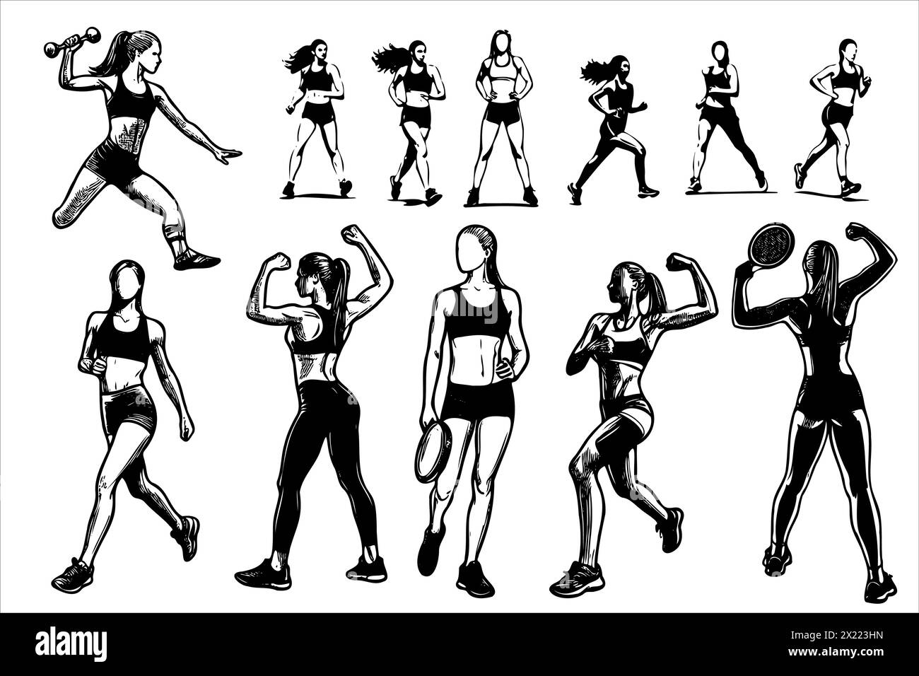 A series of silhouettes of women and men in various athletic poses ...