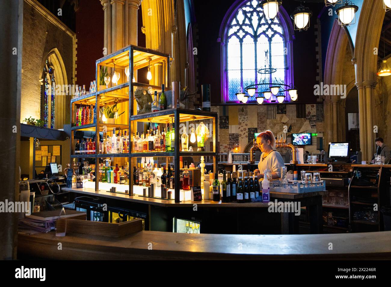 Interior of Duke & Rye pub inside a former 19th century Gothic Revival church; Chichester; England Stock Photo