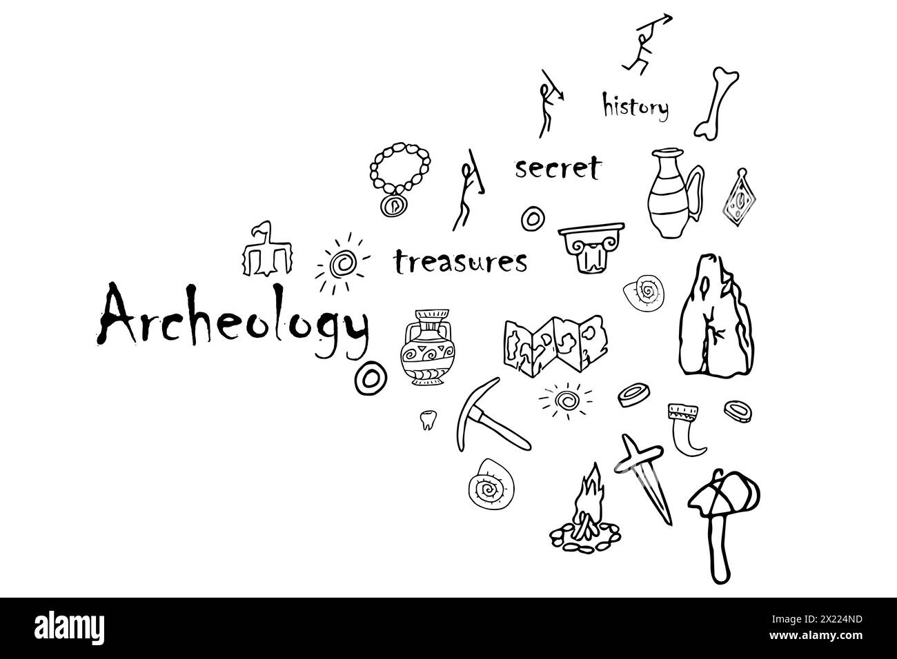 Doodle archeology, historical objects, tools, equipment with text isolated on white background stock vector illustration. Discovery, tribal civilization composition. Stock Vector